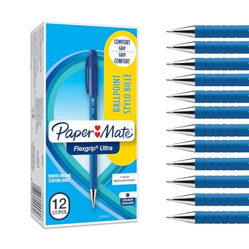 Image of Paper Mate Flexgrip Ultra Ballpoint Pens | Medium Point (1.0mm) | Handwriting Pens & Stationery Supplies | Blue Pen Set | 12 Count