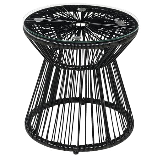 Image of Outsunny Outdoor Coffee Table, Round PE Rattan Side Table with Tempered Glass Table Top, Hollow Drum Design for Garden, Balcony, Patio, Black