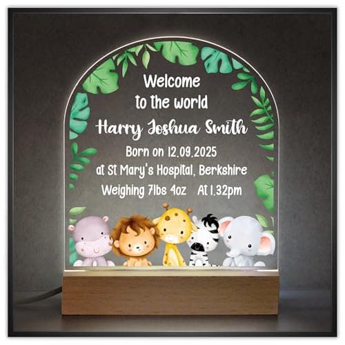 Image of Beecreative Personalised New Baby Boy Night Light Childs Name Birth Details, LED Night Light For Boys Nursery, Safari Animal Lion Giraffe Elephant Nursery Light