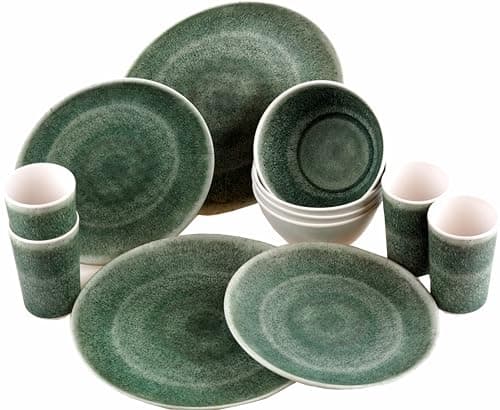 Image of Reusable Quality Melamine Plastic Dinner Set Plates Bowls Cups 16 Piece - Green