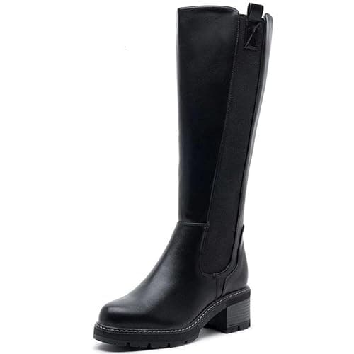 Image of LoudLook Women Mid Calf Boots Round Toe Faux Suede Zip Ladies Winter Casual Comfy Elasticated Shoes Size Black PU 5