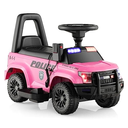 Image of COSTWAY Kids Electric Ride on Car, 6V Battery Powered Police Cars with Side Megaphone, Horn, Flashing Light, Siren Sound, Wide Footrest and Underseat Storage, for 18-60 Months (Pink)