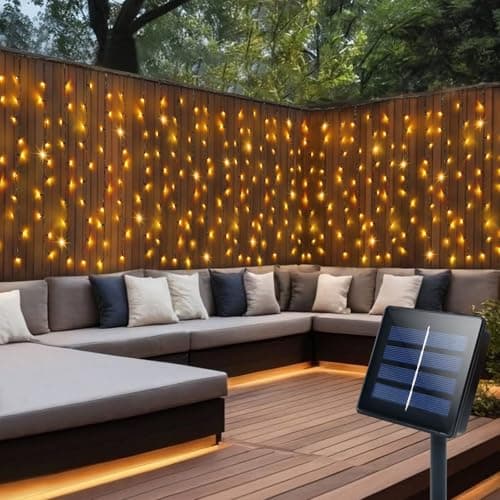 Image of CCILAND Solar Curtain Lights Outdoor 4M x 1M 200 LED Curtain Lights Green Wire Waterproof Curtain String Lights for Garden Patio Gazebo Fence Wedding Party Decoration - Warm White