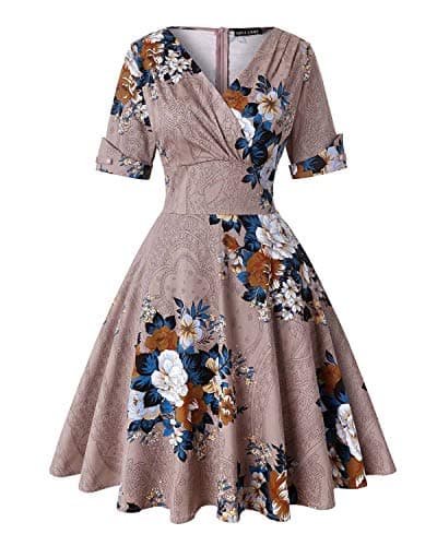 Image of MINTLIMIT Women's V-Neck Floral Half Sleeve Midi Fit Flare Retro Dress Cocktail Dresses (Floral Khaki,Size XL)