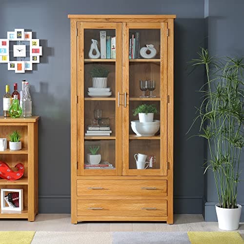 Image of London Oak Glazed Display Cabinet, Solid Oak Tall Storage Unit with 2 Glass Doors & 2 Drawers, Adjustable Shelves, Natural Oak Finish, Modern Design - H 1800mm x W 900mm x D 380mm