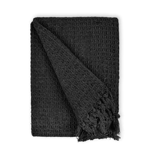 Image of Mehar Bedding 100% Cotton Woven Honeycomb Plain Waffle Textured Chair Sofa Setee Bed Throw Tasselled Edge (BLACK, Chair (127cms x 152cms))
