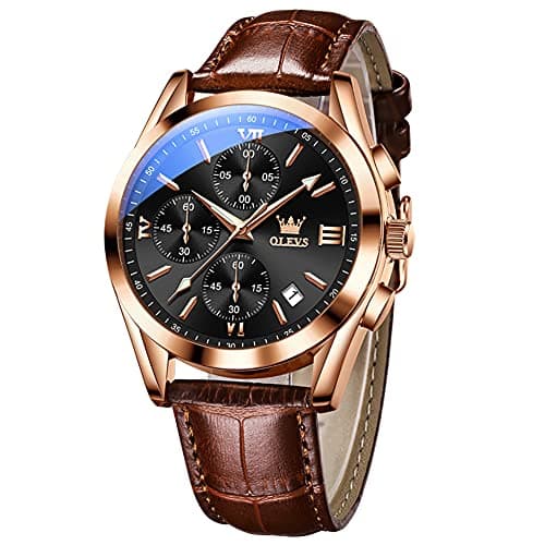 Image of OLEVS Watch for Men Chronograph Brown Leather Strap Classic Fashion Analog Quartz Big Dial Casual Waterproof Luminous Wrist Watches