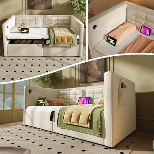 Image of ModernLuxe Single Sofa Bed with Storage, 3FT Upholstered Daybed with USB & Type-C Charging Station, Hydraulic Ottoman Bed for Living Room and Bedroom, Velvet, Beige, 90x190cm (No Mattress)