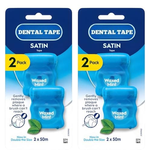 Image of 4 x Oral Satin Tape 50m (Double in Size) Waxed Mint Dental Flossing Tape Oral Care for Fresh Clean Feel 2 x Twin Pack