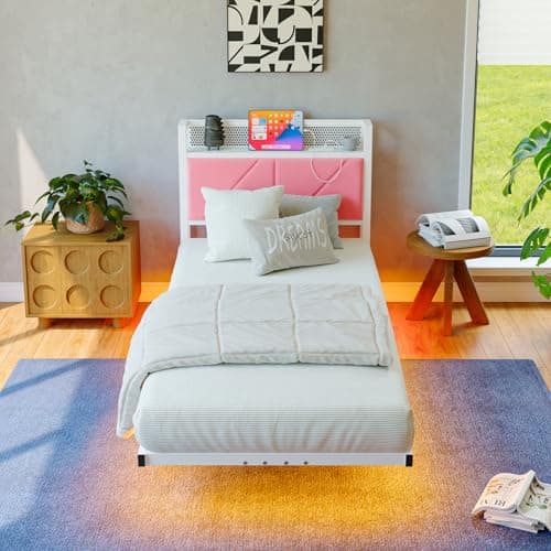 Image of HAHRIR Floating Single Metal Bed Frame with LED Lights & USB Charging Station, 90×190cm Metal Platform Bed Frame with 3ft Upholstered Headboard Storage，Heavy Duty Metal Slats, Noise Free/Pink