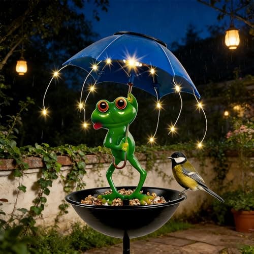 Image of NAVESO Solar Bird Feeder with Frog Figurine, Garden Ornaments Bird Feeder, 86.5cm Detachable Bird Baths Feeder Bowl, Wild Bird Feeders with Solar Lights for Outdoor Garden Patio Yard Lawn Decorations