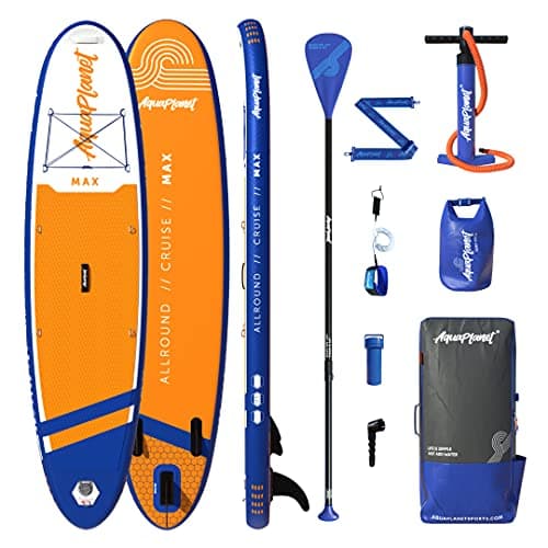 Image of AQUAPLANET Inflatable Stand Up Paddle Board Kit - Max, Orange, 10.6 Foot, Ideal for SUP Beginners & Experts, Includes Fin, Paddle, Pump, Repair Kit, Backpack, Leash, Dry Bag, Carry Strap