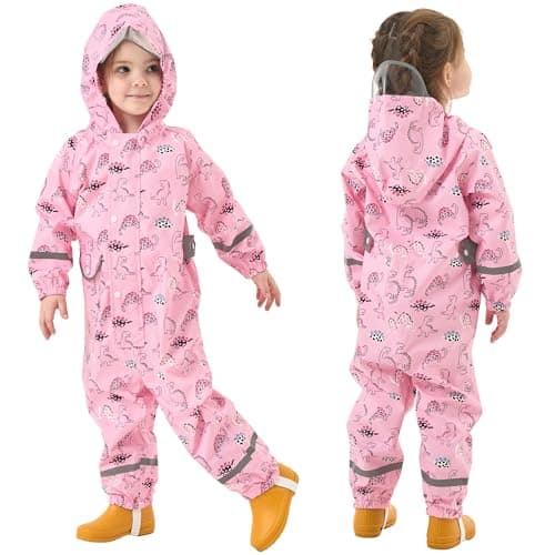 Image of Fewlby Puddle Suit Girls Waterproof Suit, Kids Rain Suit All in One Waterproof Overalls Rainsuit Pink Dinosaur Muddy Suit One Piece Raincoat Hoodie Rainwear, 1-3 Years S Size