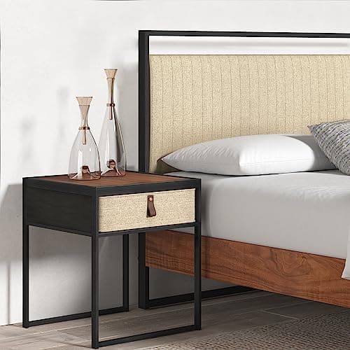 Image of Zinus Ilsang Nightstand 45x43x52 cm - Metal and Wood Side table - Taupe fabric drawer - Brown and Black