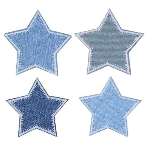 Image of Mabor 4PCS Star Patches for Jeans – Iron On Denim Blue Embroidered Fabric Patches for Clothing, Jackets, Hats, Bags – DIY Repair & Decorative Appliques (2 Sizes)