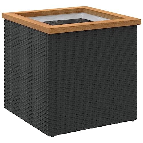 Image of vidaXL Black Poly Rattan Planter Raised Bed - Powder-Coated Steel Frame/Solid Acacia Wood Accents - Versatile Square Flower Pot/Garden Container for Outdoor/Indoor Space - 40x40x40cm