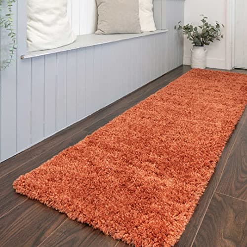 Image of Super Soft Burnt Orange Shaggy Lounge Living Room Runner Rug Thick Fluffy Bedroom Nursery Mat Carpet Modern Non Shedding Area Rugs 60cm x 240cm