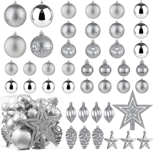 Image of Christmas Ball Baubles Decoration Tree Ornaments including Balls Stars and a Tree topper Shatterproof Xmas Hanging 43 Pieces Set Home Office Outdoor indoor (Silver, 43pc)