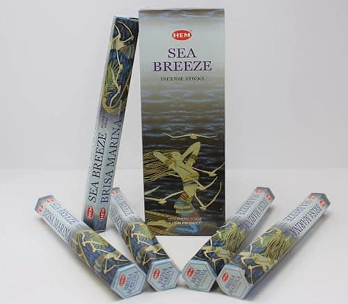Image of HEM Sea Breeze Incense Sticks - Pack of 6 (120 Sticks) with JRose Wooden Incense Holder - Refreshing Coastal Aromatherapy Fragrance