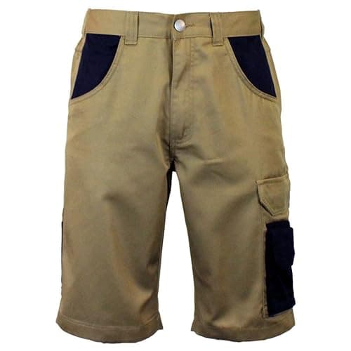 Image of Mens Cargo Work Shorts Durable Combat Style, Multi Pocket Utility Shorts, Elastic Waist, Tool & Mobile Storage, Reflective Trim Workwear in Twill Fabric (UK, Numeric, 36, Regular, Regular, Khaki/Navy)