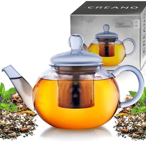 Image of Creano Flat Glass Teapot 0.8L with Stainless Steel Filter & Glass Lid – Luxurious Modern Slim Design Borosilicate Tea Maker – Anti-Drip Spout – Small Flat Teapot