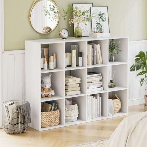 Image of HOCSOK Cube Bookcase Bookshelf with 12 Cube Storage Units Wooden Display Shelving Storage Unit Office Living Room Furniture, White, 91 x 29 x 120 cm