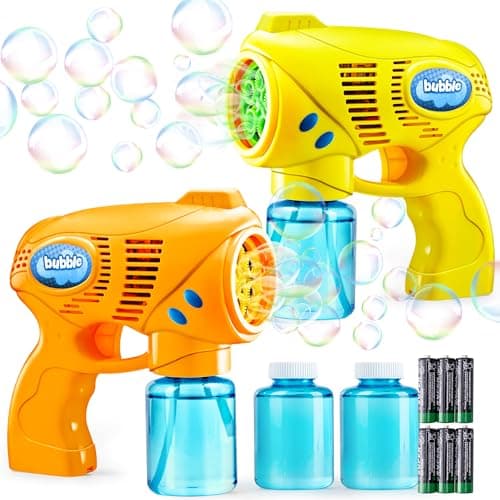Image of JOYIN 2 Bubble Guns with 2 Bubble Solution (260ml total) for Kids, Bubbles Maker, Blower, Machine Gun Blaster for Kids, Outdoors Activity, Summer Themed Party and Birthday Gift (Yellow+Orange)