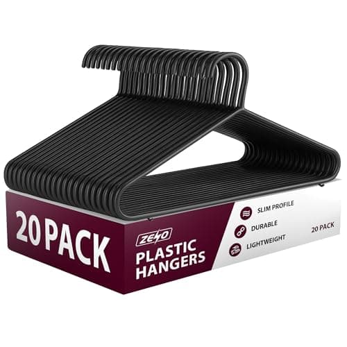Image of ZENO Plastic Coat Hangers 20 Pack | Strong Hangers for Clothes | Adult Coat Hanger for Clothes Rail & Closet | Non Slip Plastic Hanger with Trouser Bar & Clips | 38.5CM Wide
