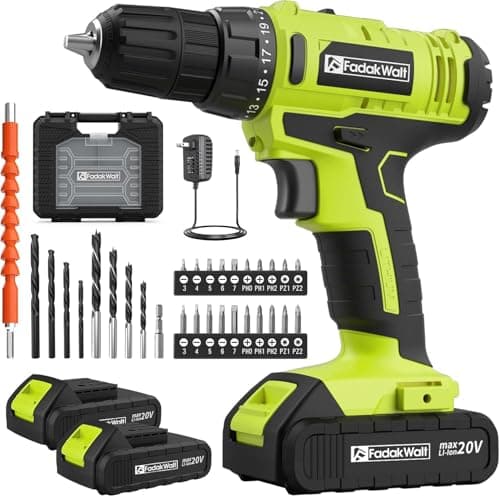 Image of FADAKWALT 20V Cordless Drill, 2 Batteries Electric Screwdriver with case, 21+1 Torque, 2 Speed,30Nm Power Drill Driver, 3/8" Keyless Chuck, with LED Light, Drill Driver Kit for Home（Green）