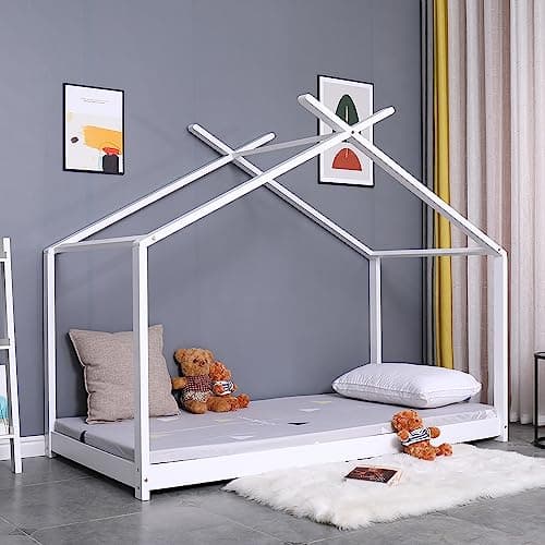 Image of Kingwudo® White and Natural Pine Wood Bed Frame Scandinavian House Style for Girls or Boys Standard Single Bed Frame for Bedroom Furniture, Mattress (WITHOUT) 90x190 cm (White)