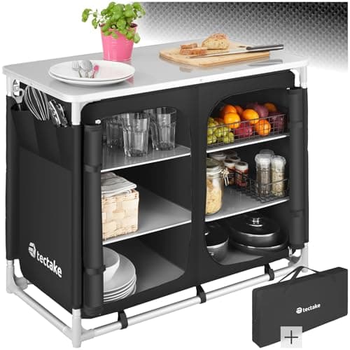 Image of tectake® Portable Camping Kitchen with 6 Internal Shelves, 3 External Pockets, Worktop & Zipped Door - Kitchen & Outdoor Storage Cupboard with Lightweight Aluminium Frame, Incl. Carry Bag - Black