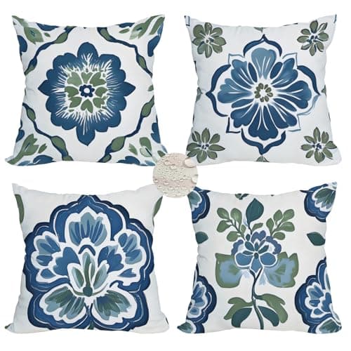 Image of Fukeen Set of 4 Waterproof Outdoor Pillow Covers 18x18 Inch, Blue and Green Watercolor Floral Throw Pillows, Chinoiserie Porcelain Style Decorative Cushion Cases for Patio Furniture, Garden, Couch