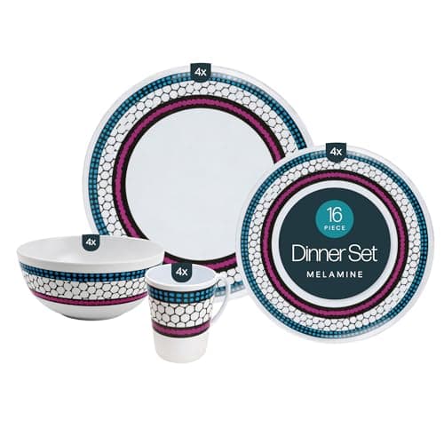Image of Leisurewize LWACC380 Melamine 16 Pcs Dinner Set - Plates, Bowls, Mugs, Side Plates - Honeycomb Art, Heat Resistant, Dishwasher Safe Portable Dinnerware