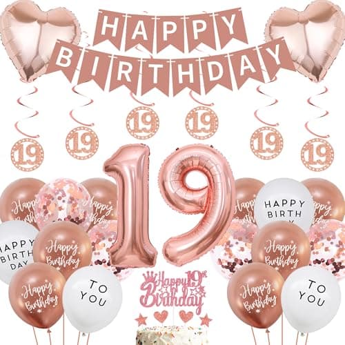 Image of 19th Birthday Balloons Decorations for Girl - 44 Pieces 19 Year Old Supplies for Women with Rose Gold Happy Birthday Banner, Number 19 Hanging Swirls Cake Topper for Party Accessories