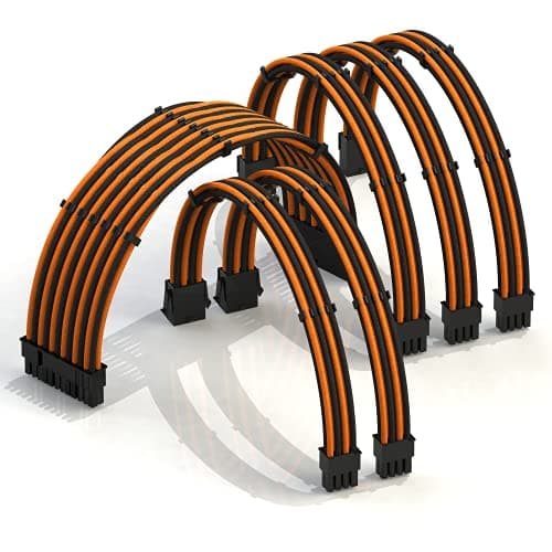 Image of LINKUP - AVA 30cm PSU Cable Extension Sleeved Custom Mod GPU PC Braided w/Comb Kit - Compatible with RTX3090 | 1 x 24 P (20+4) | 2 x 8 P (4+4) CPU | 3 x 8 P (6+2) GPU set | 300mm - OrangeBlack