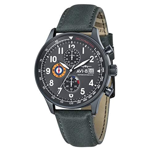 Image of AVI-8 Pilot Hawker Hurricane Men's Military Green Japanese Quartz 42mm Watch with Leather Strap AV-4011-0D
