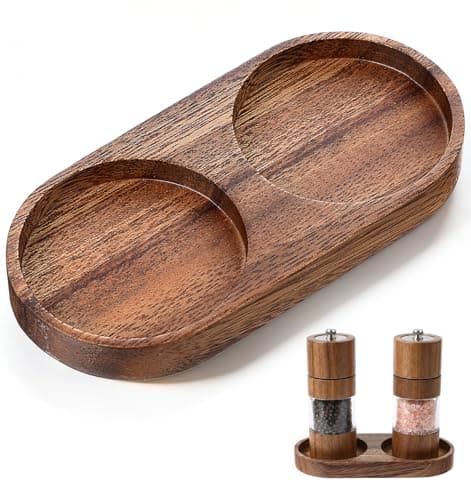 Image of Salt And Pepper Tray, Wood Salt And Pepper Mill Tray Holder Fits Many Mills & Shakers (14.5 x 7 cm)