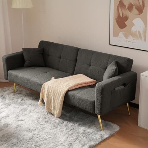 Image of BTM Sofa Bed, 3 Seater Sofa Settee Couch with 3 Adjustable Backrest Angles, Gold Legs, Cushions and Side Storage Pockets, Dark Grey Sharpa Surface