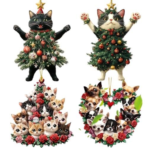 Image of MUNSKT Acrylic Cat Christmas Ornament, 4 Pcs Adorable Feline Design for Tree Decorations, for Cat Lovers, for Cats, and Holiday Decor
