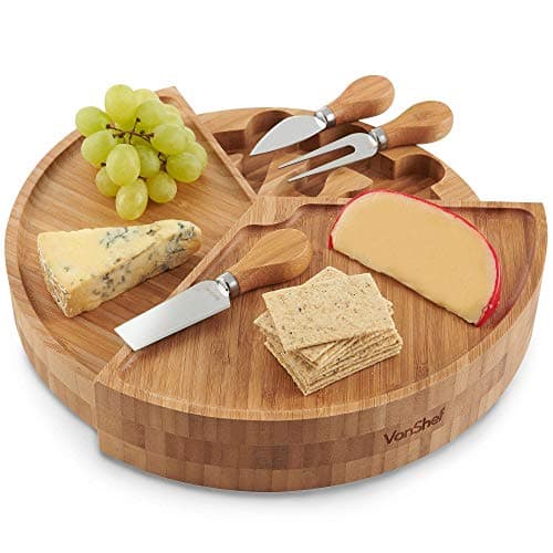 Image of VonShef Bamboo Cheese Board, Circular Serving Tray with Stainless Steel Knife Set, Easy Clean Charcuterie Serving Board with Swivelling Knife Drawer & Gift Box