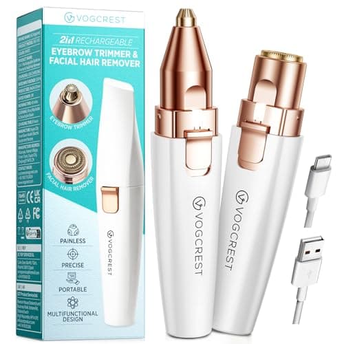 Image of VG VOGCREST Eyebrow Facial Trimmer: 2 in1 Rechargeable Facial Hair Removal and Eyebrow Shaver - Face Lips Body Painless Facial Razor with Built-in LED Light (White)