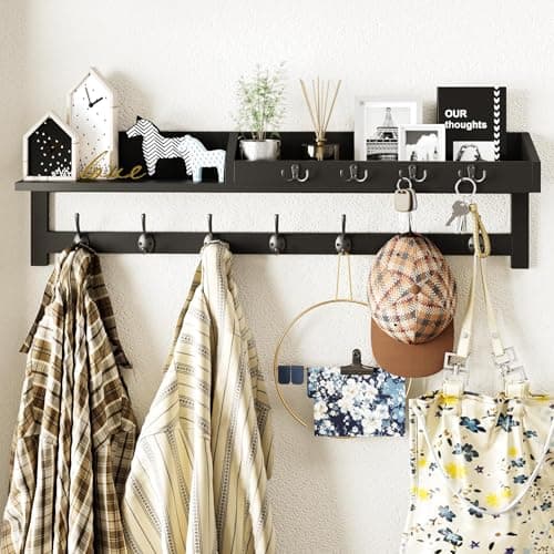 Image of AMBIRD 89cm Wall-Mounted Coat Rack, Large Coat Hanger, Entryway Shelf with 7 Dual Hooks and 4 Key Hooks, Mail Organiser, Wooden Key Holder (Black)