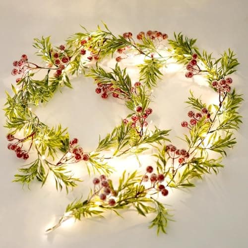 Image of Christmas Garland with Light,Lighted Snowy Red Berries Holly Leaves Garland for Fireplace Mantle Indoor Outdoor Christmas Decoration 6.5FT Pre-lit Battery Operated Xmas String Lights 1 Pack
