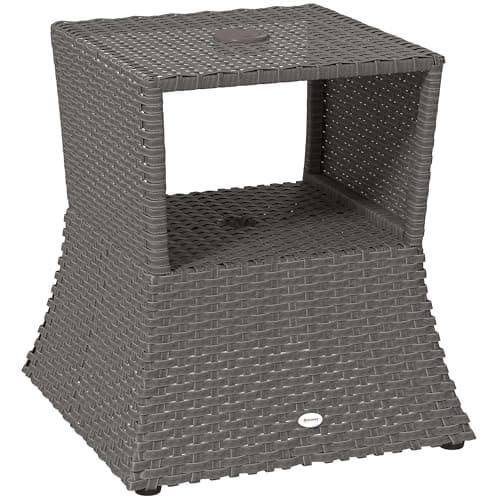 Image of Outsunny Rattan Outdoor Coffee Table, Wicker Garden Patio Bistro Side Table with Umbrella Hole and Storage Space for Balcony, Porch, Dark Grey