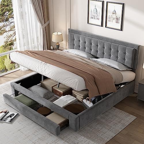 Image of Upholstered King Size Bed 150 x 200cm, Ottoman Storage Bed with Hydraulic Lever and Drawer, Large Storage Space, Velvet Fabric Ottoman Lift Up 5FT King Size Bedframe, No Mattress (Grey, 150 x 200cm)