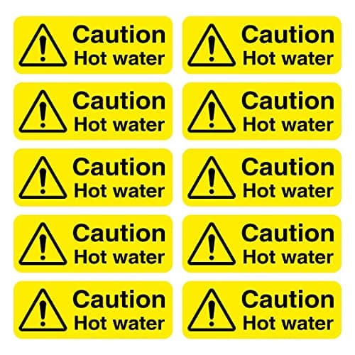 Image of Caution Hot Water Warning Signs, Self-Adhesive Vinyl Stickers, 55mm x 20mm, Pack of 10 labels