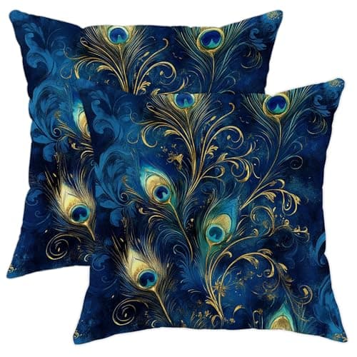 Image of Peacock Feathers Throw Pillow Covers Set of 2, Navy Blue Decorative Cushions Case, Chic Home Decor for Couch Sofa Bed, Perfect for Fall and Winter 18x18 Inch