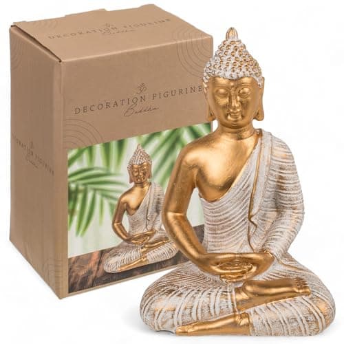 Image of MIJOMA Gold & White Vintage Look Polyresin Buddha Figurine 14-34 cm Height Optional with Tea Light Holder - Spiritual Peace and Elegance (11 x 9 x 16.5 cm)