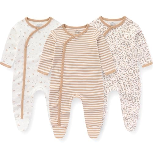 Image of MAMIMAKA Newborn Baby Boys Footed Onesies Pajamas Cotton Jumsuit for Play and Sleep, 0-3 Months