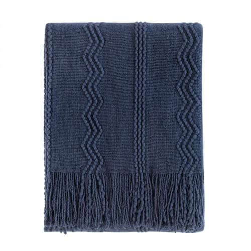Image of BOURINA Textured Solid Soft Sofa Throw Couch Cover Knitted Decorative Blanket, Navy, 127x152cm